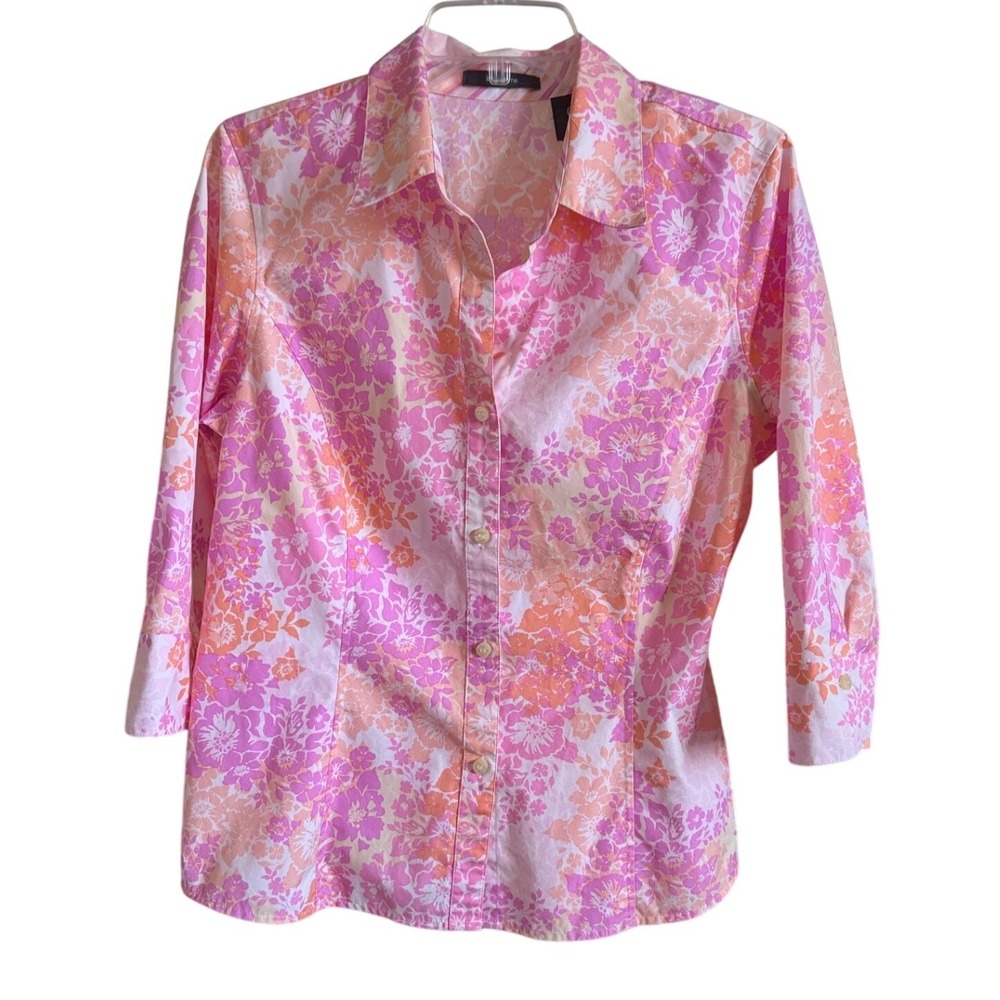 Liz Claiborne Womens Sz‎ 12 Pink Orange Floral 100% Cotton 3/4 Sleeve Blouse